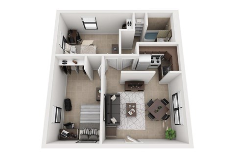 A top-down view of a modern apartment layout.